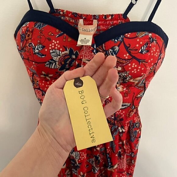 NEW NWT BOG COLLECTIVE BAND OF GYPSIES Red Navy Blue Floral Bustier Mini Dress M - Picture 9 of 15
